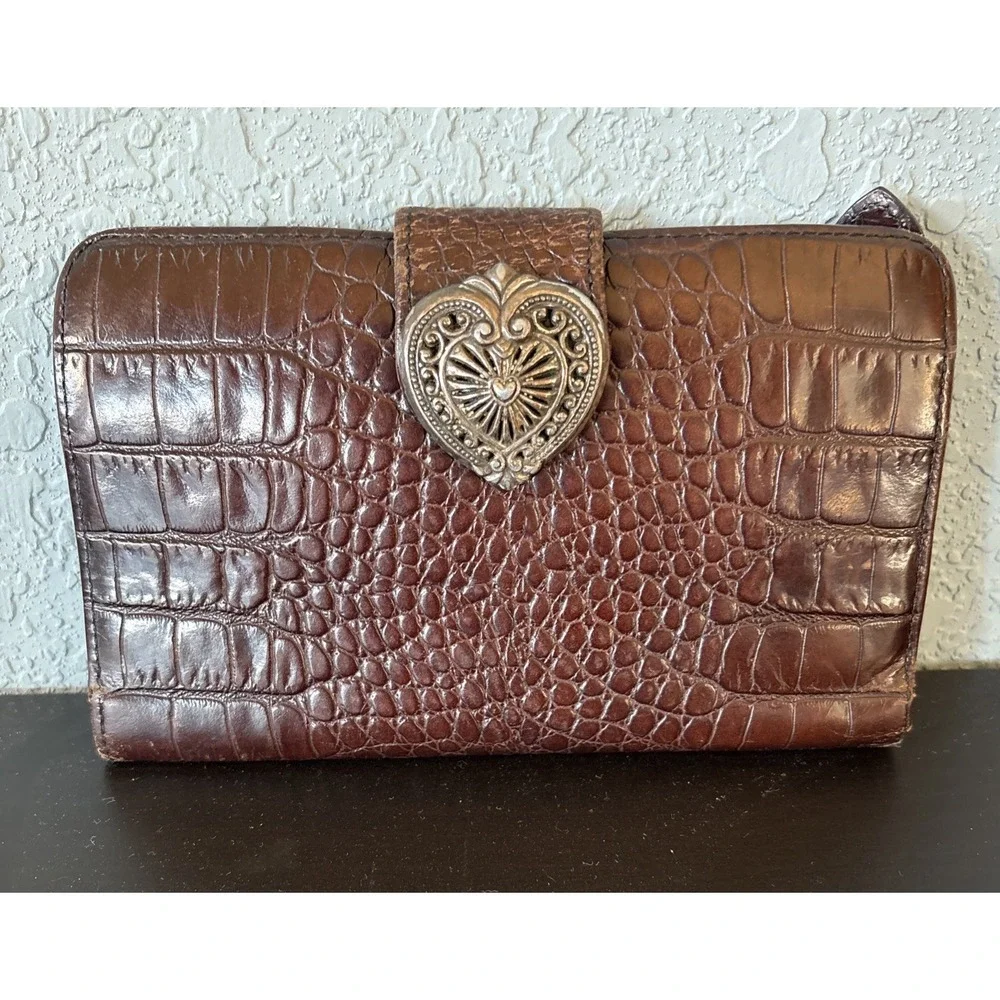 Vintage Brighton Snap‎ Wallet Crocodille Heart Clasp Bifold Leather Brown Snap
